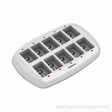 10-channel Battery Charger for NiMH 9V Batteries, 100-240V AC, 50/60Hz Input